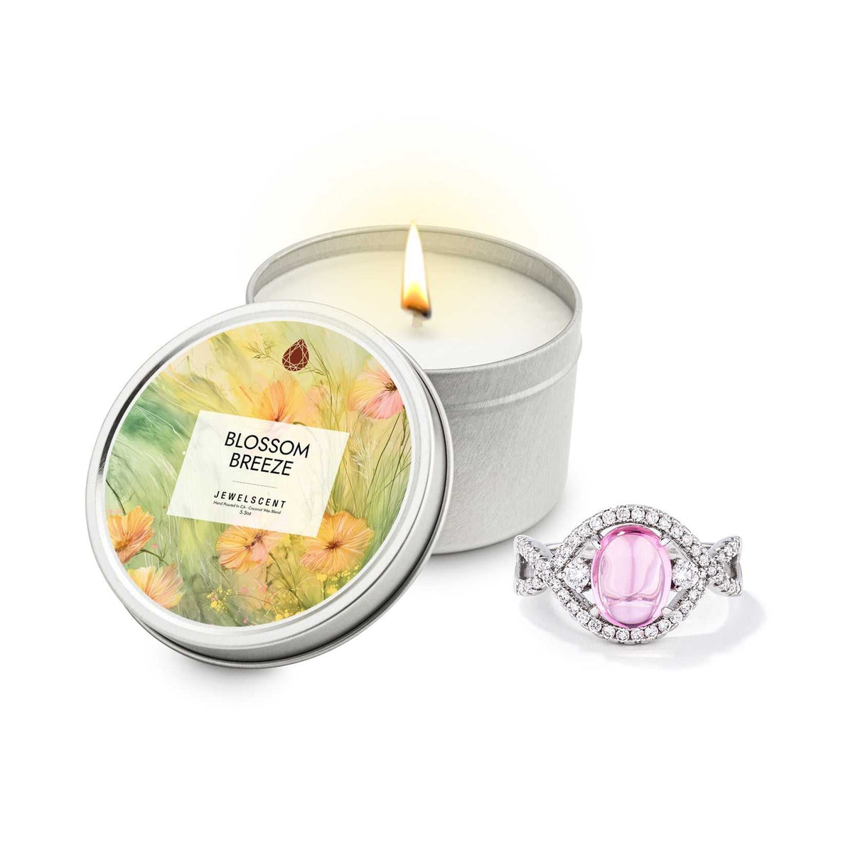 Blossom Breeze Jewelry Candle 5.5oz Tin with Hidden Gem Charm - Floral Scented Home Decor Gift