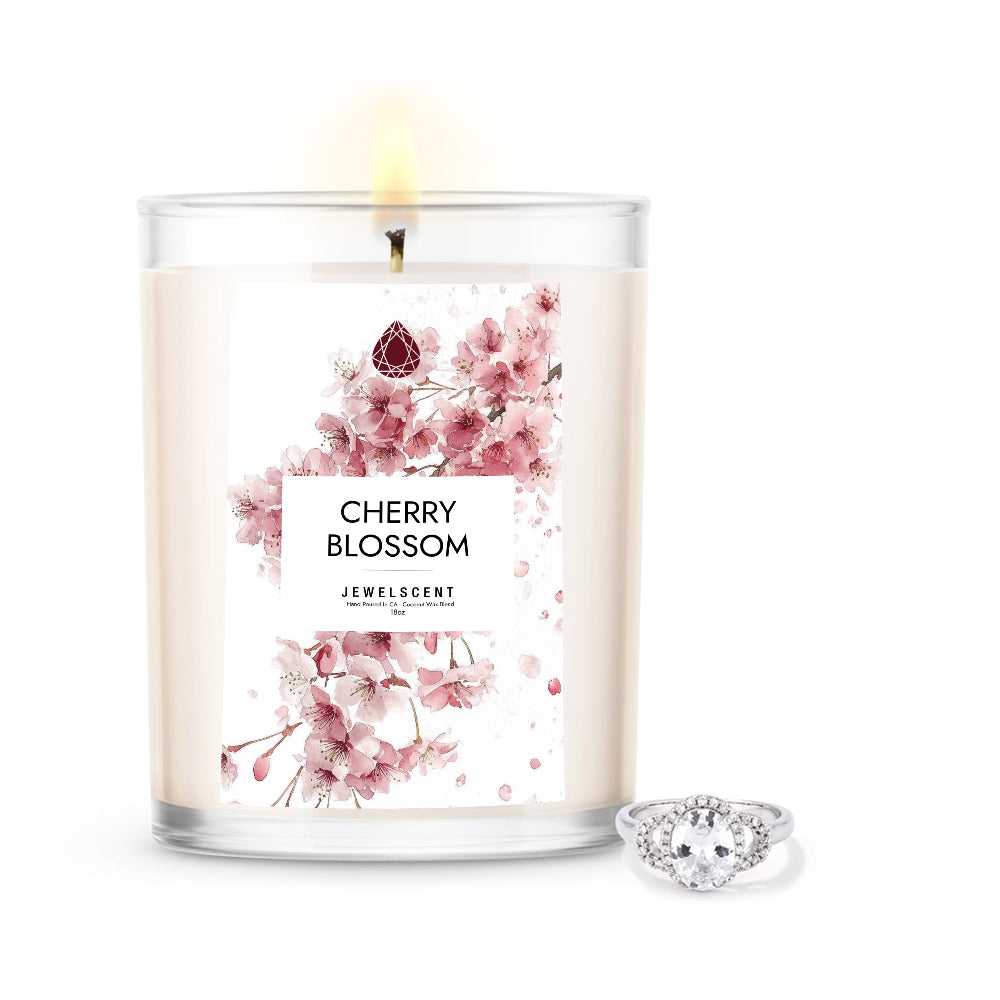 Cherry Blossom Jewelry Candle 18oz Eco-Friendly Hand Poured Candle with Hidden Jewelry Surprise for Home Decor Lovers Gift