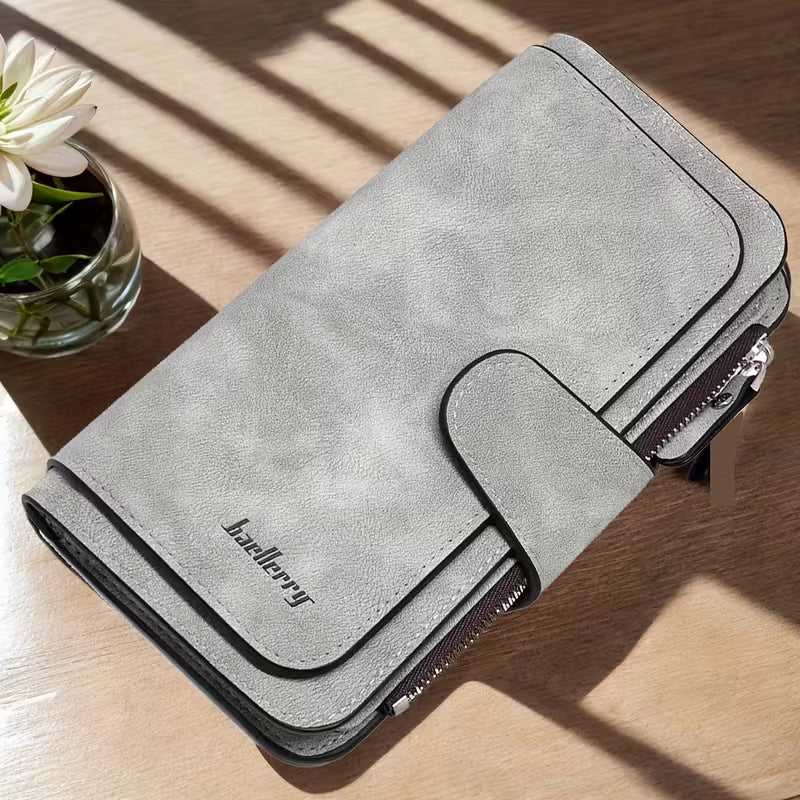 Vintage Faux Leather Long Wallet – Trifold Credit Card Holder with Snap & Zipper