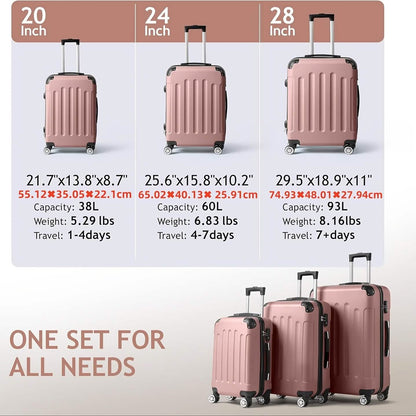 3 Piece Hard Shell Luggage Set With TSA Lock 20 24 28 Inch Spinner Wheels