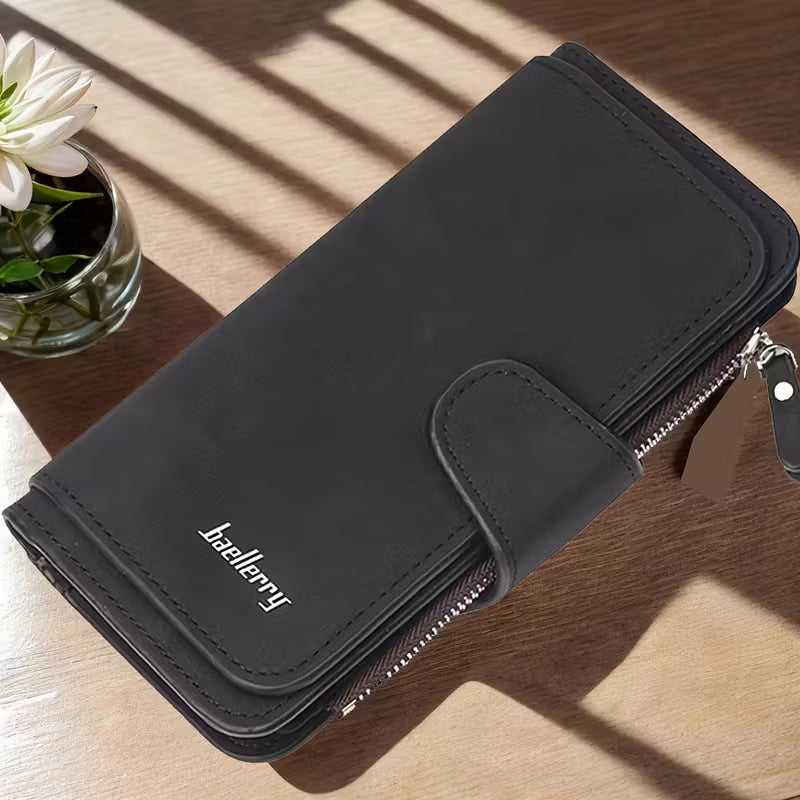 Vintage Faux Leather Long Wallet – Trifold Credit Card Holder with Snap & Zipper