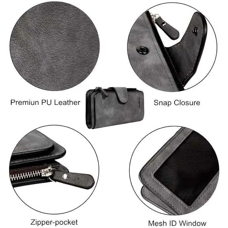 Vintage Faux Leather Long Wallet – Trifold Credit Card Holder with Snap & Zipper