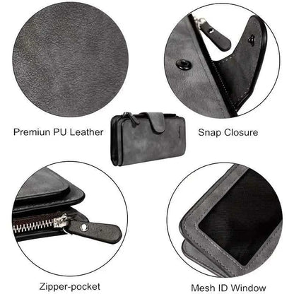 Vintage Faux Leather Long Wallet – Trifold Credit Card Holder with Snap & Zipper