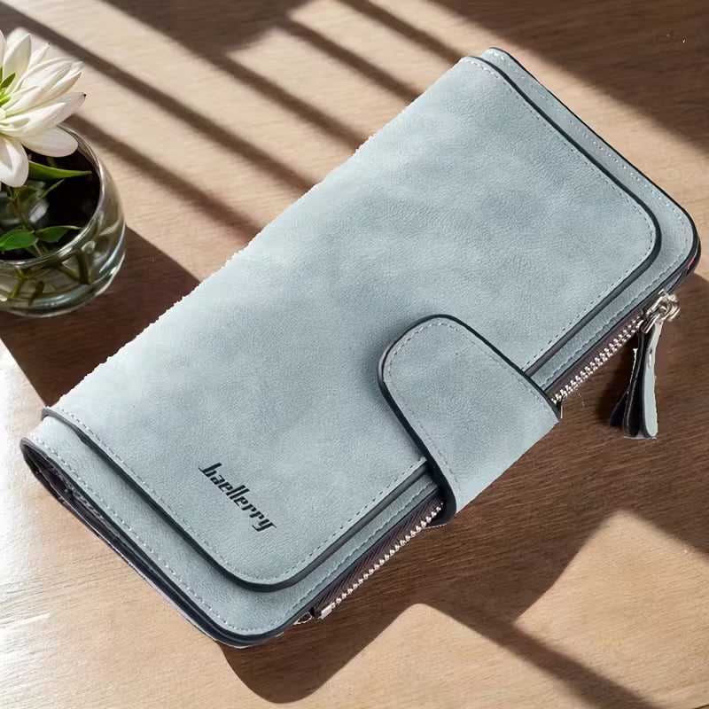 Vintage Faux Leather Long Wallet – Trifold Credit Card Holder with Snap & Zipper
