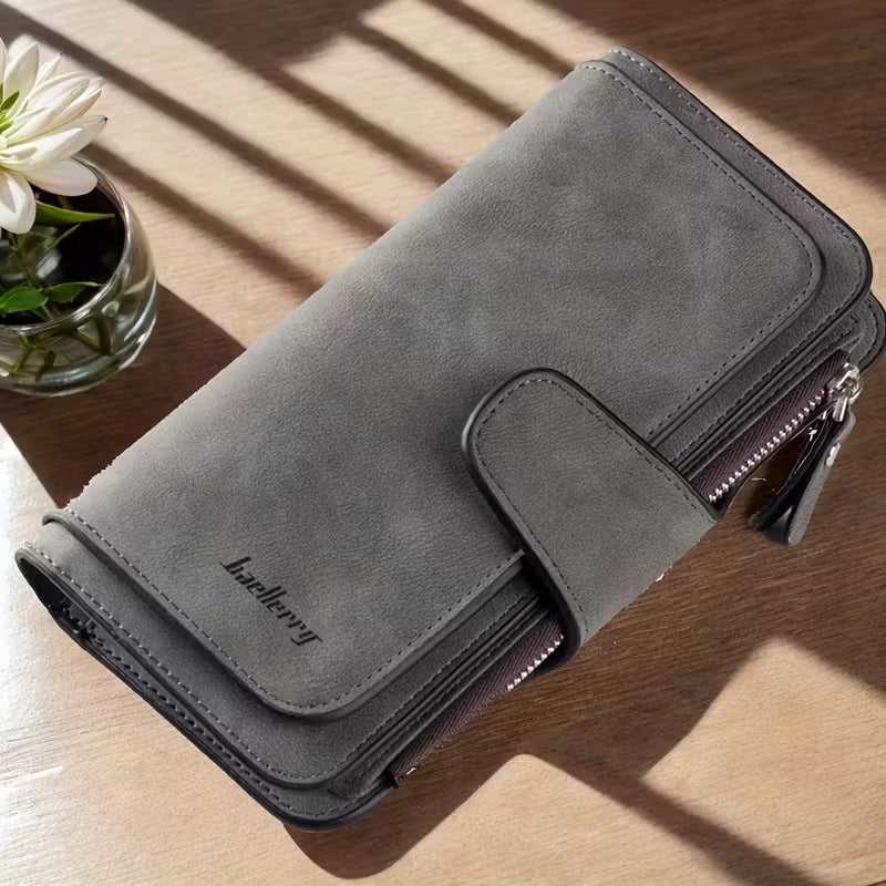 Vintage Faux Leather Long Wallet – Trifold Credit Card Holder with Snap & Zipper