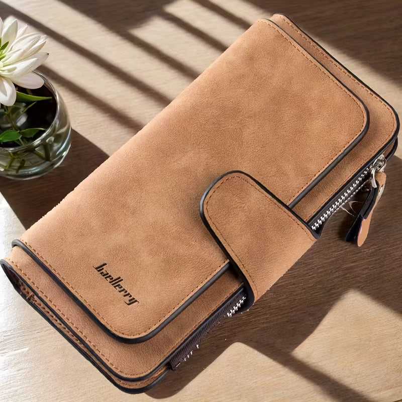 Vintage Faux Leather Long Wallet – Trifold Credit Card Holder with Snap & Zipper