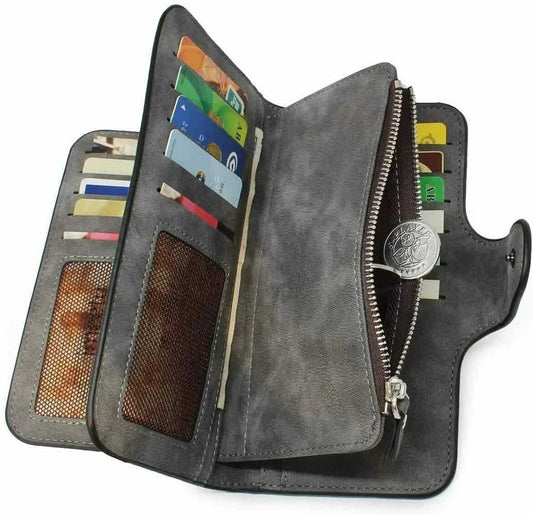 Vintage Faux Leather Long Wallet – Trifold Credit Card Holder with Snap & Zipper